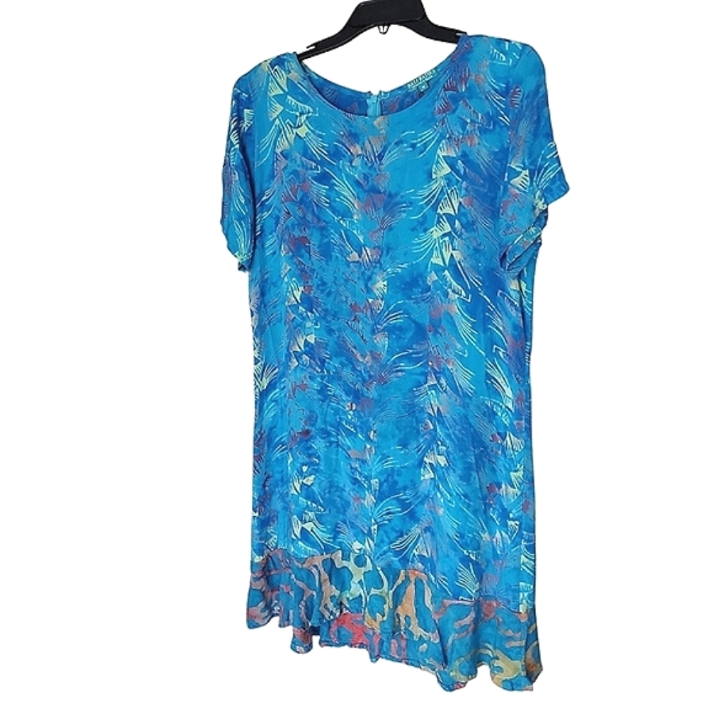 Bali Batiks Hand Painted Blue Multicolor Resort Wear Short Sleeve Dress - Medium